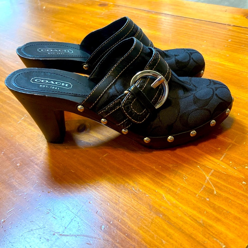 Coach Black Signature Print Heeled Mule with Silver Studs and Buckle-size 9